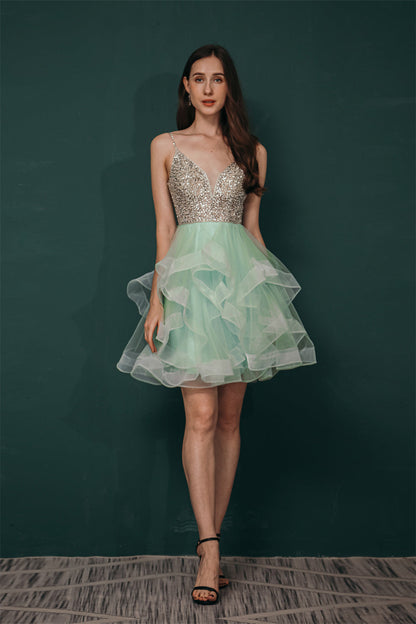 Sparkle Mint Green SPAGHETTI STRAP Beaded Homecoming Dress