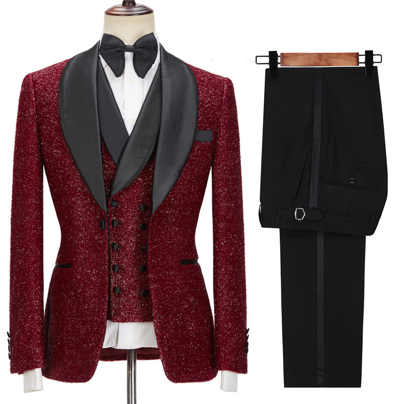 Sparkle Red Three Pieces Wedding Suits with Black Shawl Lapel