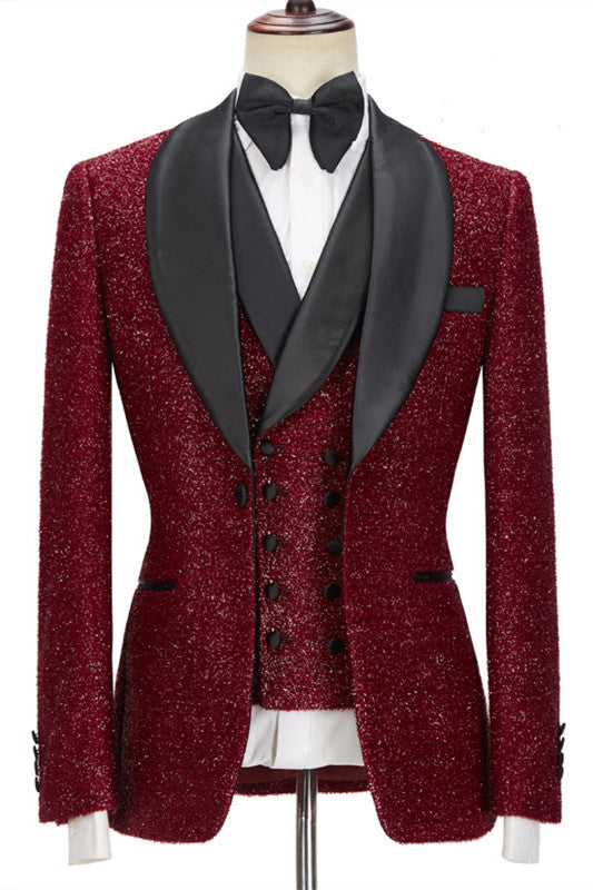 Sparkle Red Three Pieces Wedding Suits with Black Shawl Lapel