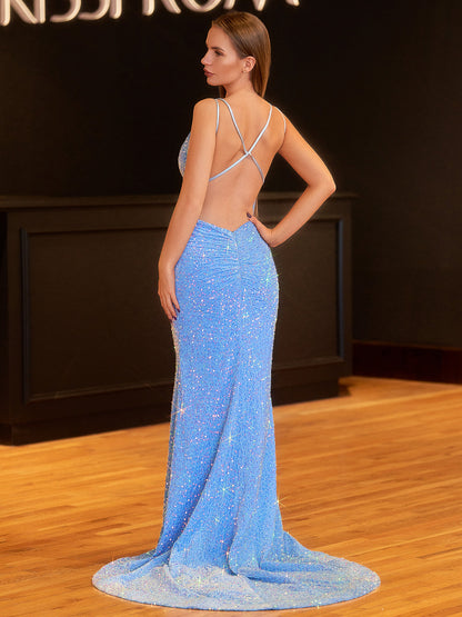 Maddison |Sparkly Blue Mermaid Sequins Long Backless Prom Dress