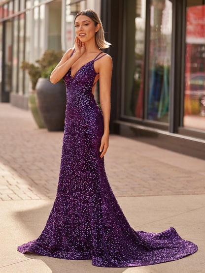 Maddison |Sparkly Blue Mermaid Sequins Long Backless Prom Dress