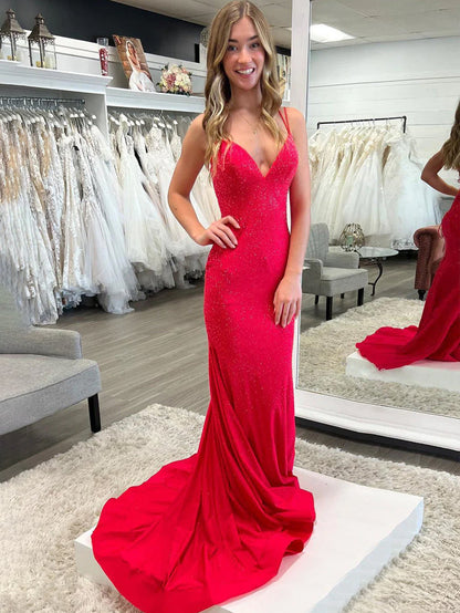 Lilly |Sparkly Mermaid V Neck Beaded Satin Long Prom Dress