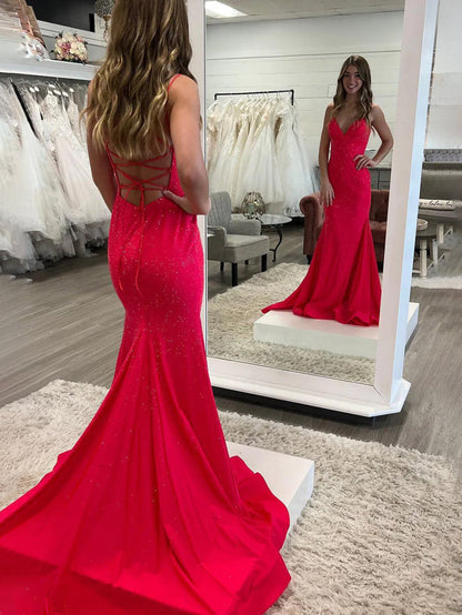 Lilly |Sparkly Mermaid V Neck Beaded Satin Long Prom Dress