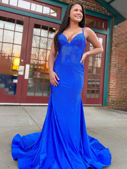 Lilly |Sparkly Mermaid V Neck Beaded Satin Long Prom Dress