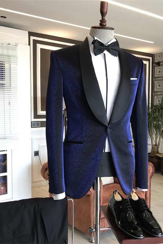 Sparkly Navy Blue Shawl Lapel Wedding Suits with Black Lapel