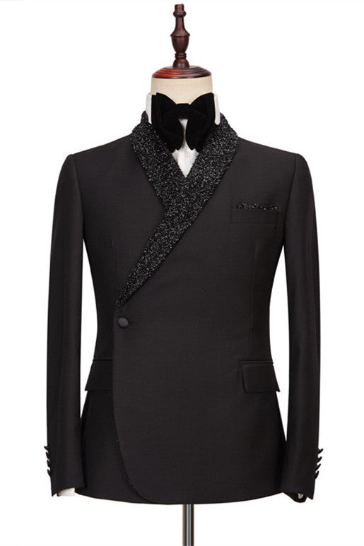 Sparkly Shawl Lapel Black One Button Wedding Suits