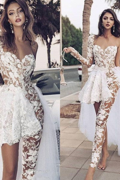 Special Two-piece Tulle Hi-lo Wedding Dress Lace Short Sexy One Shoulder With Long Sleeve On One Side