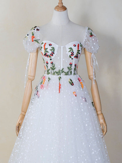 Corset Embroidered Tulle Sweep Train Prom Dress