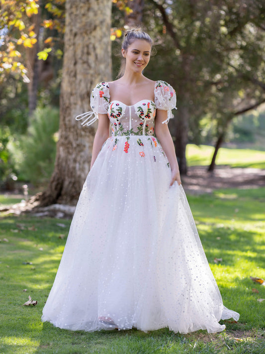 Corset Embroidered Tulle Sweep Train Prom Dress