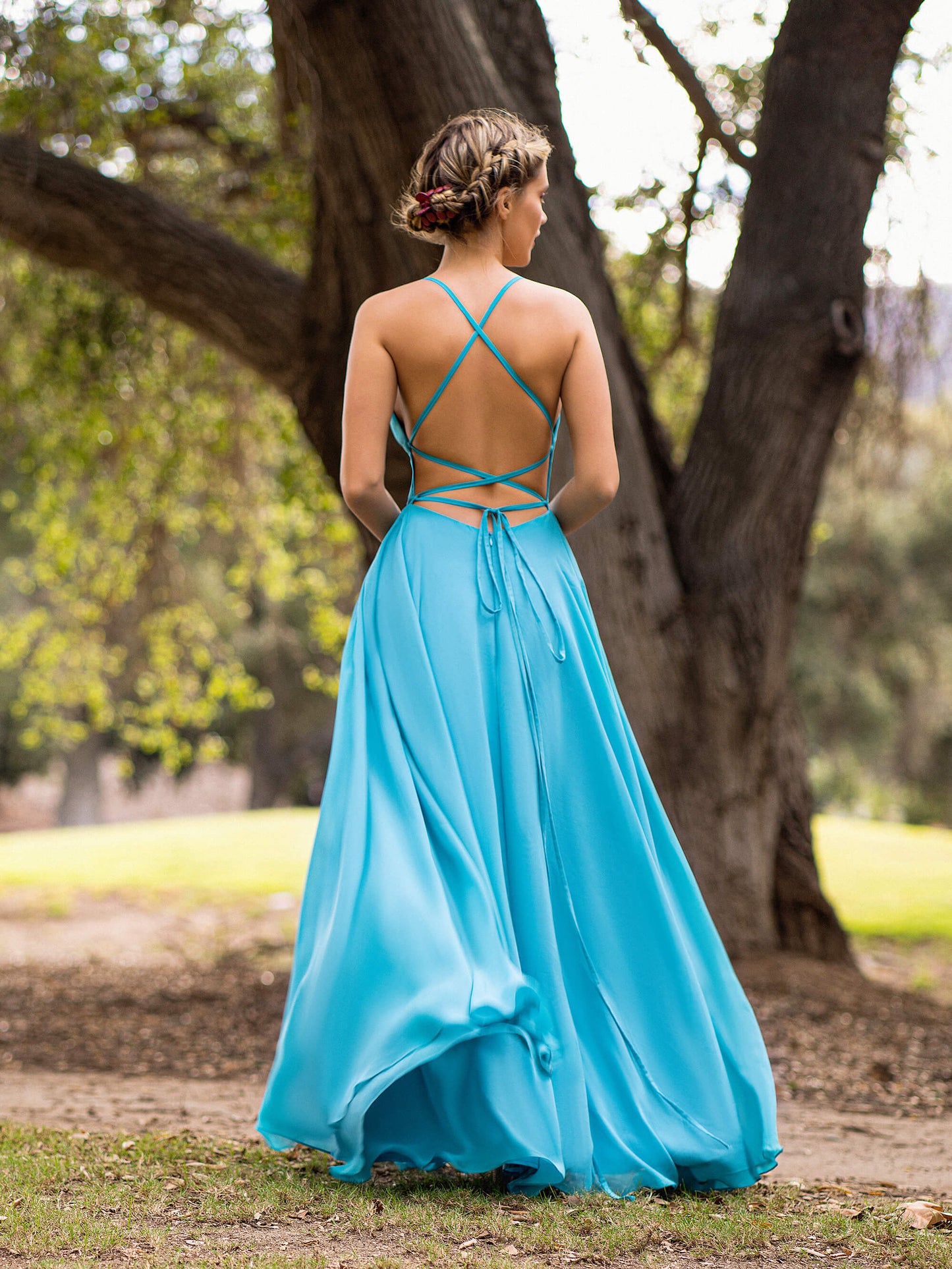 A-line Straight Across Chiffon Floor Length Cutout Back Bridesmaid Dress