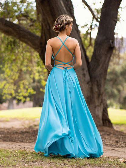 A-line Straight Across Chiffon Floor Length Cutout Back Bridesmaid Dress