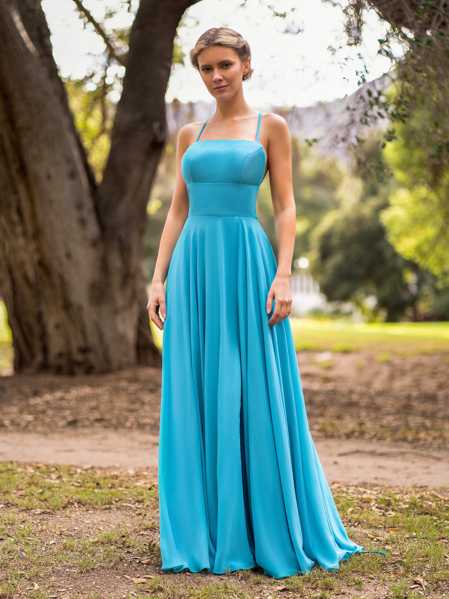 A-line Straight Across Chiffon Floor Length Cutout Back Bridesmaid Dress