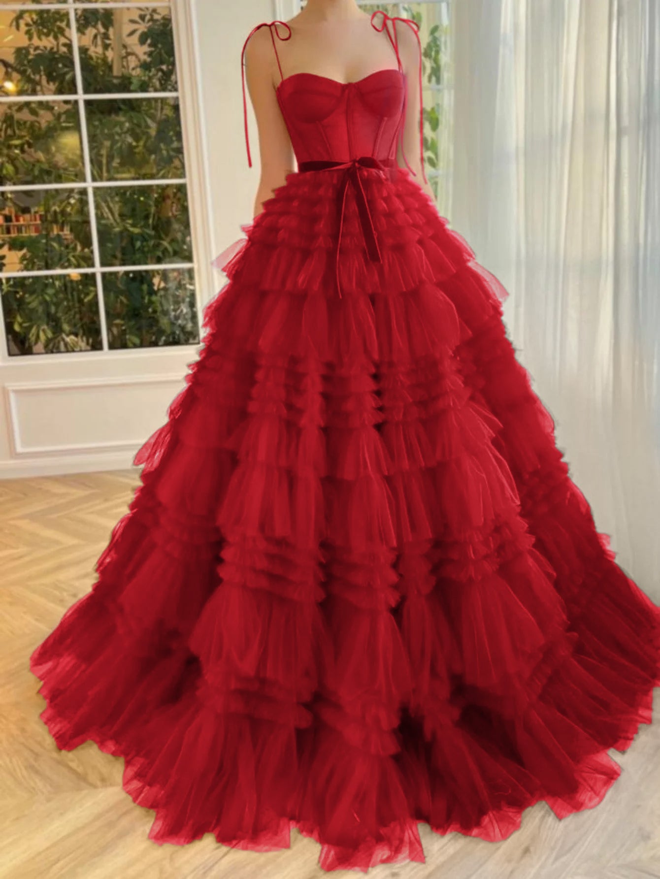 Blair |A Line Strapless Fuchsia Tiered Long Tulle Prom Dress