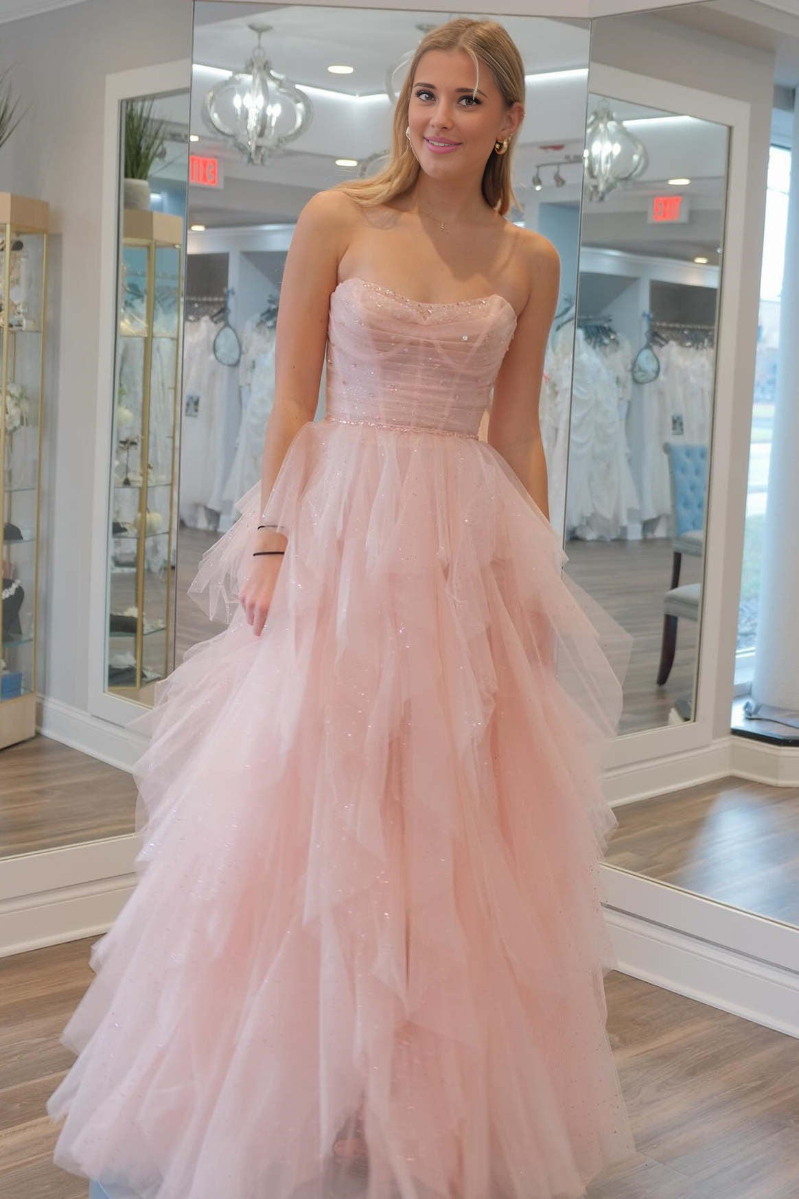 Patsy | Strapless Light Pink Sequin Beaded Ruffle Tulle Prom Dress