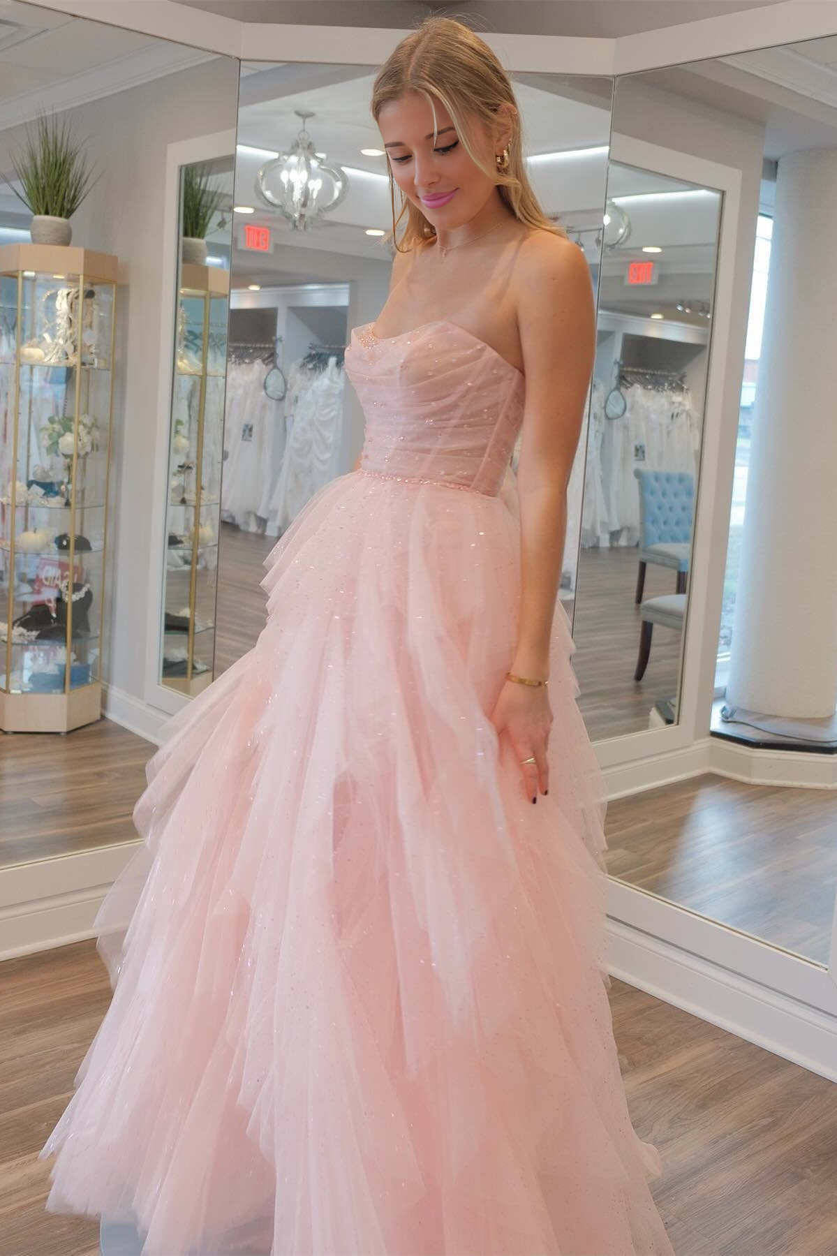 Patsy | Strapless Light Pink Sequin Beaded Ruffle Tulle Prom Dress