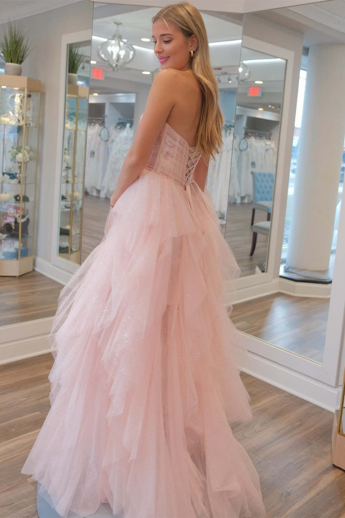 Patsy | Strapless Light Pink Sequin Beaded Ruffle Tulle Prom Dress