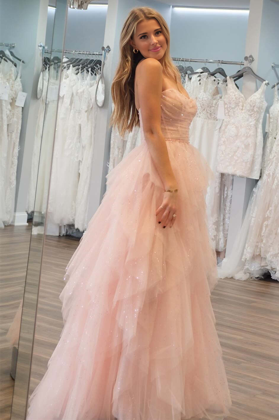 Patsy | Strapless Light Pink Sequin Beaded Ruffle Tulle Prom Dress