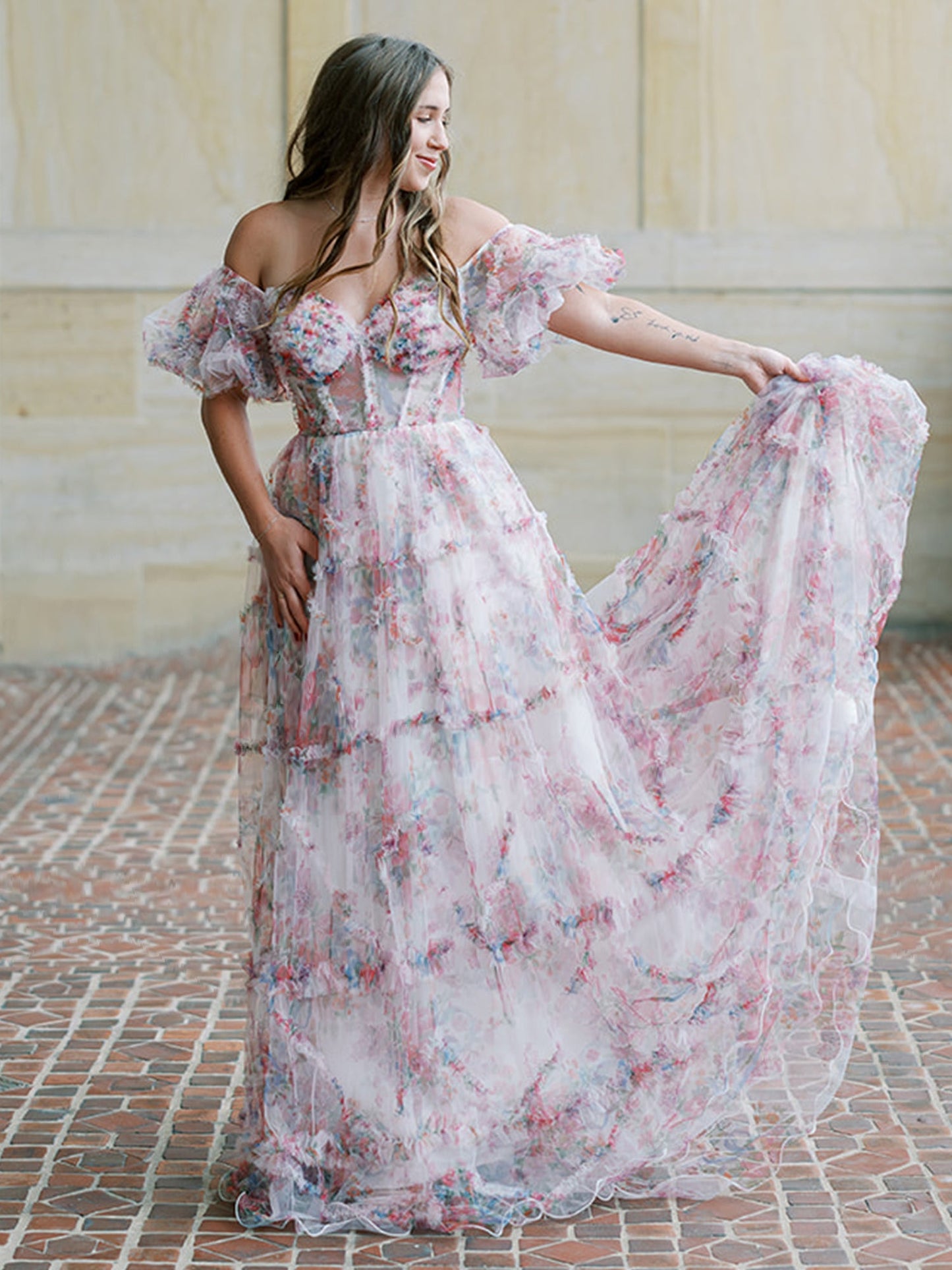 Sydney |A Line Off The Shoulder Floral Tulle Prom Dress