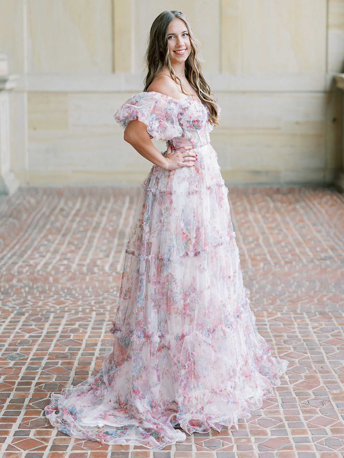 Sydney |A Line Off The Shoulder Floral Tulle Prom Dress