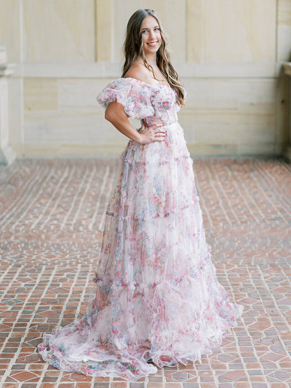 Sydney |A Line Off The Shoulder Floral Tulle Prom Dress