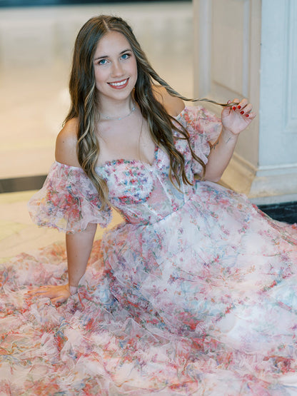 Sydney |A Line Off The Shoulder Floral Tulle Prom Dress