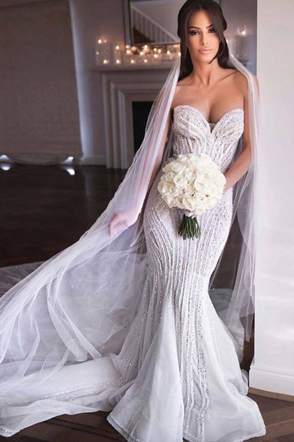 Strapless Sweetheart Beads Mermaid Wedding Dresses Appliques Tulle Bridal Gowns