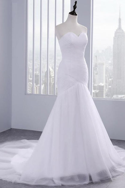 Strapless Sweetheart Mermaid Wedding Dresses Lace Ruffless Tulle Bridal Gowns