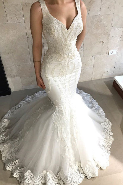 Straps Fit and Flare Beads Appliques Wedding Dresses Sleeveless Tulle Lace Bridal Gowns