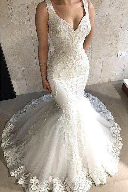 Straps Fit and Flare Beads Appliques Wedding Dresses Sleeveless Tulle Lace Bridal Gowns