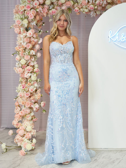 Margaret | Straps Light Blue V-Neck Sequin Appliques Mermaid Prom Dress