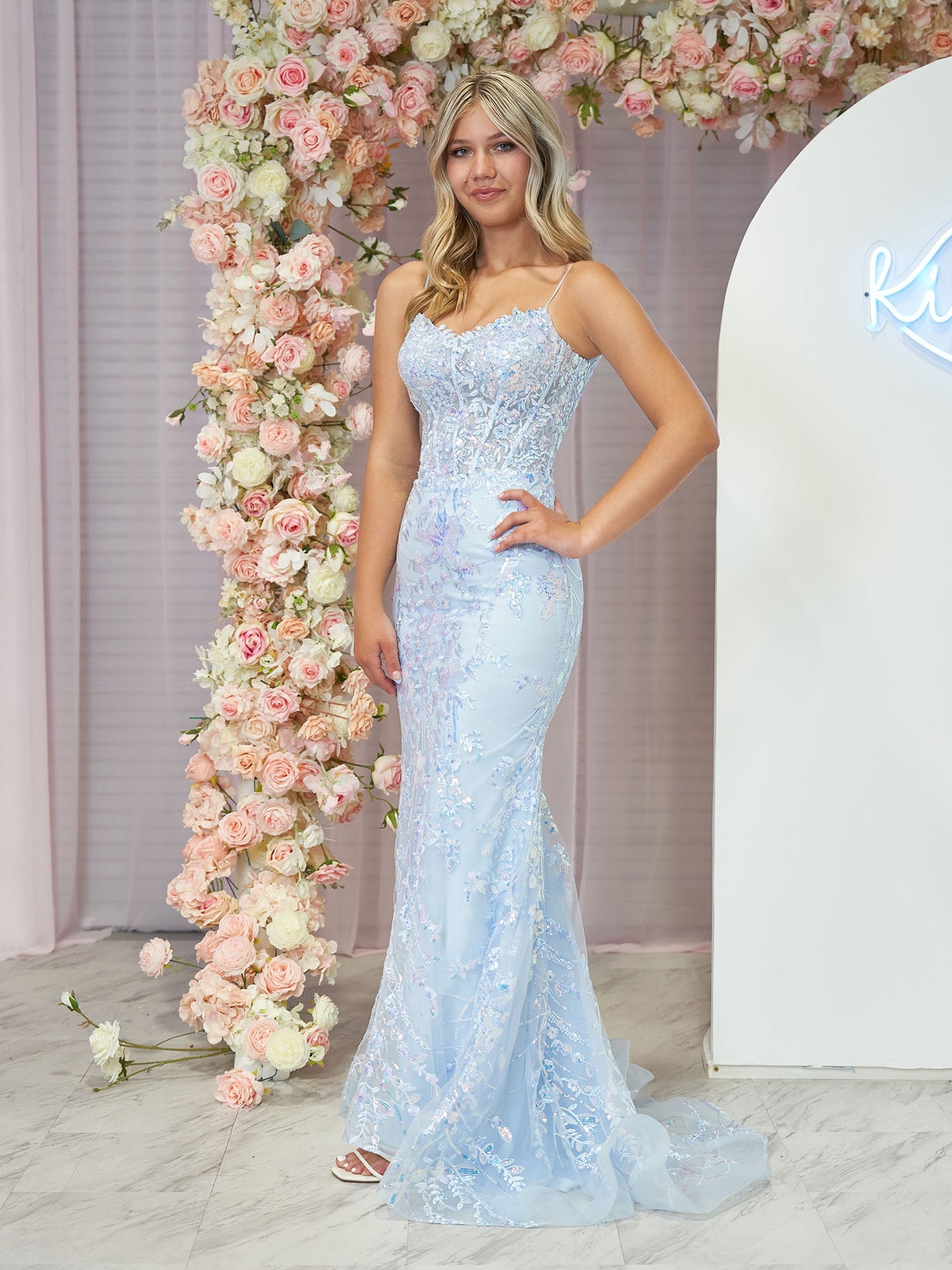 Margaret | Straps Light Blue V-Neck Sequin Appliques Mermaid Prom Dress