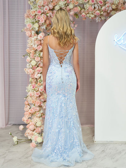 Margaret | Straps Light Blue V-Neck Sequin Appliques Mermaid Prom Dress