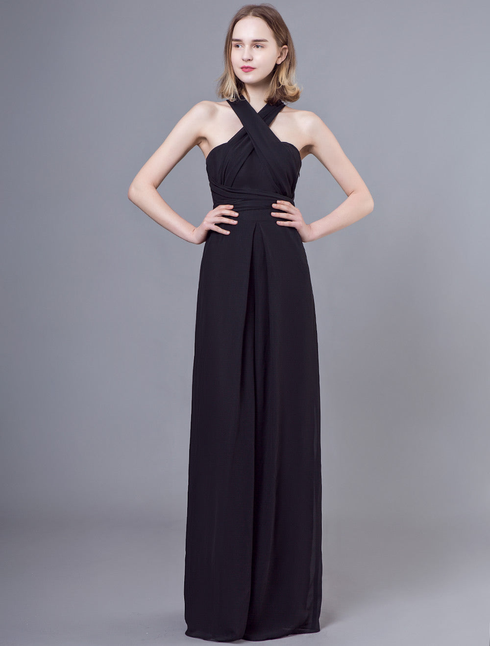 Stunning Black Jumpsuits Formal Evening Wedding Party Convertible Chiffon Long One Size Fits All Bridesmaid Dresses