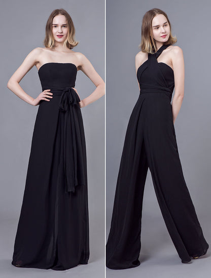 Stunning Black Jumpsuits Formal Evening Wedding Party Convertible Chiffon Long One Size Fits All Bridesmaid Dresses