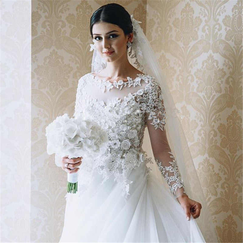 Stunning Royal Wedding Dresses Vintage Long Appliques Sleeved Arabic Bridal Gowns