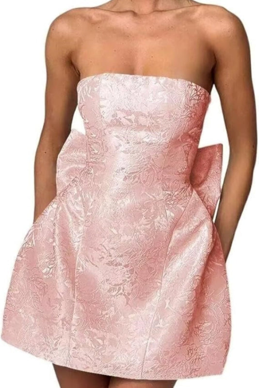 Stunning Sleeveless Ruched Satin Floral Jacquard Mini Homecoming Dress with Bow