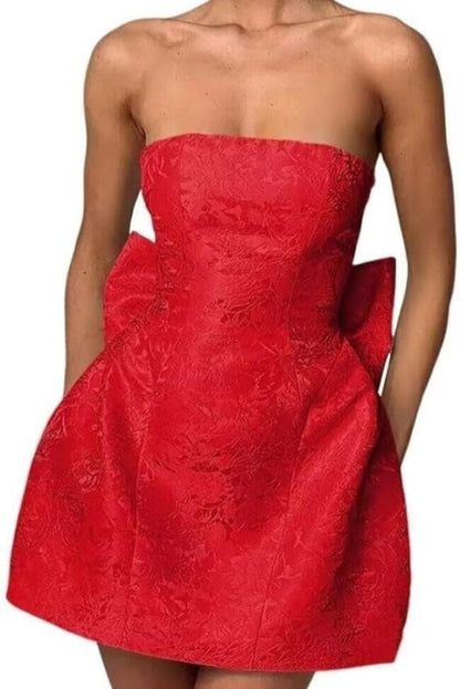 Stunning Sleeveless Ruched Satin Floral Jacquard Mini Homecoming Dress with Bow