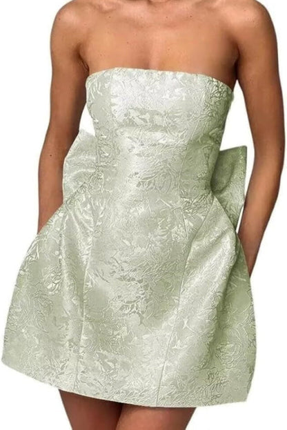 Stunning Sleeveless Ruched Satin Floral Jacquard Mini Homecoming Dress with Bow