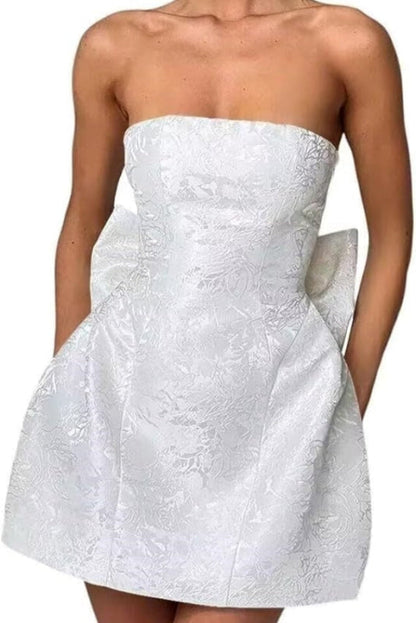 Stunning Sleeveless Ruched Satin Floral Jacquard Mini Homecoming Dress with Bow