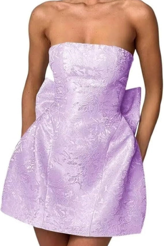 Stunning Sleeveless Ruched Satin Floral Jacquard Mini Homecoming Dress with Bow