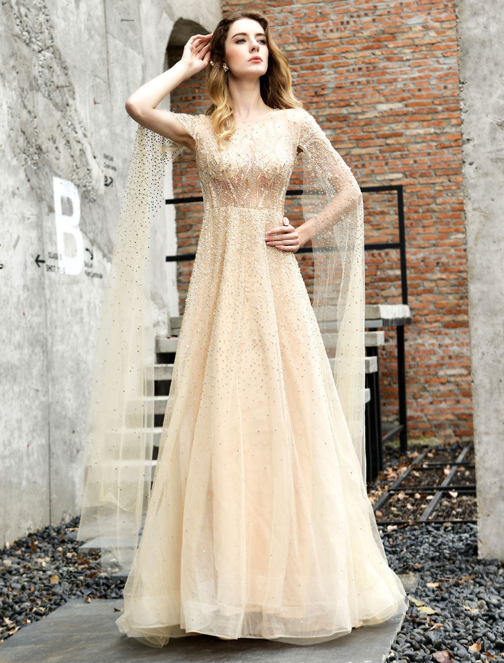 Stunning Wedding Dresses A Line Sweep Short Sleeves Beaded Jewel Neck Tulle Bridal Dresses