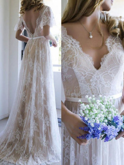 Summer Champange V neck Cap sleeveles Lace Beach Wedding Dress