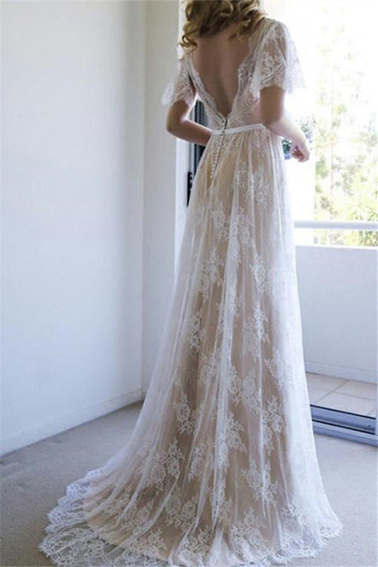 Summer Champange V neck Cap sleeveles Lace Beach Wedding Dress