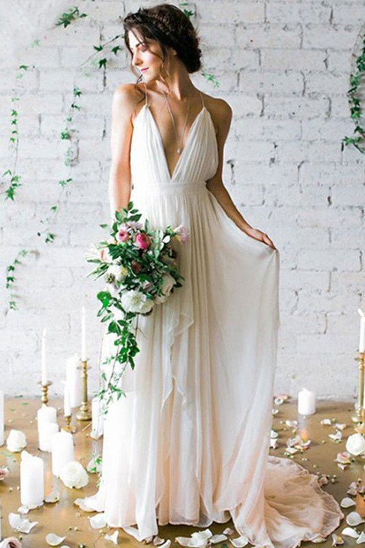 Sweep Train A Line Sleeveless Ruffless Chiffon Spaghetti Straps Wedding Dresses