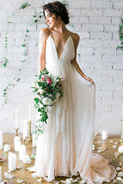 Sweep Train A Line Sleeveless Ruffless Chiffon Spaghetti Straps Wedding Dresses