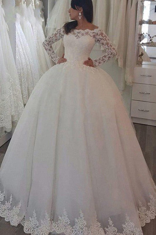 Sweep Train Applique Ball Gown Off the Shoulder Lace Long Sleevess Wedding Dresses