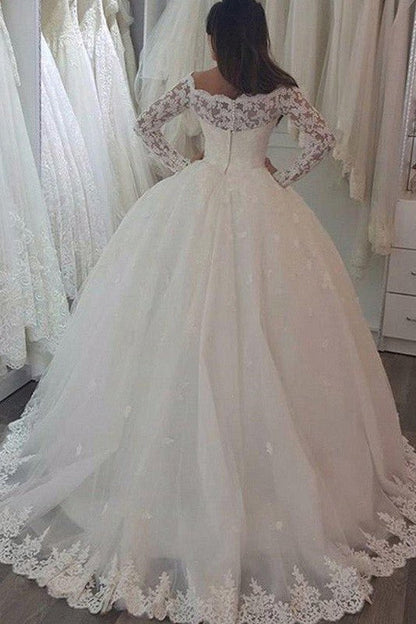 Sweep Train Applique Ball Gown Off the Shoulder Lace Long Sleevess Wedding Dresses