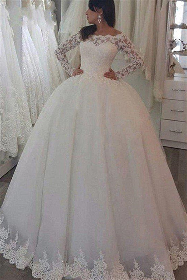 Sweep Train Applique Ball Gown Off the Shoulder Lace Long Sleevess Wedding Dresses