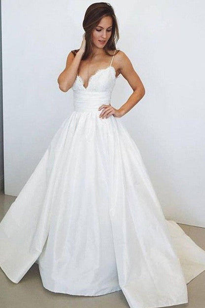 Sweep Train Ball Gown Sleeveless Ruched Satin Spaghetti Straps Wedding Dresses