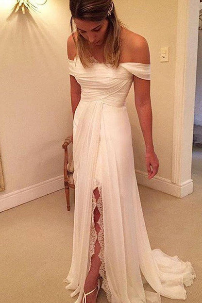 Sweep Train Chiffon A Line Ruffless Off the Shoulder Sleeveless Wedding Dresses